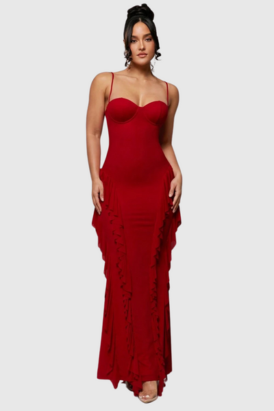 Floren | Red Flame Ruffle Maxi Dress